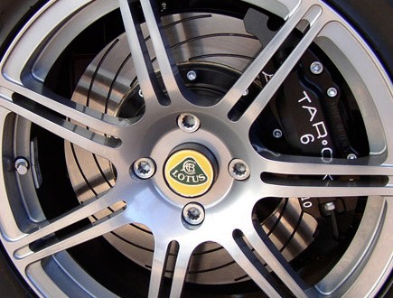 A detailed shot of a Tarox brake disc fitted to a Lotus