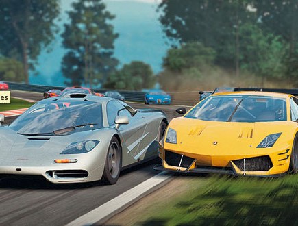 A silver McLaren F1 racing next to a yellow Lamborghini in a racing game