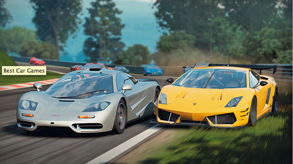 A silver McLaren F1 racing next to a yellow Lamborghini in a racing game