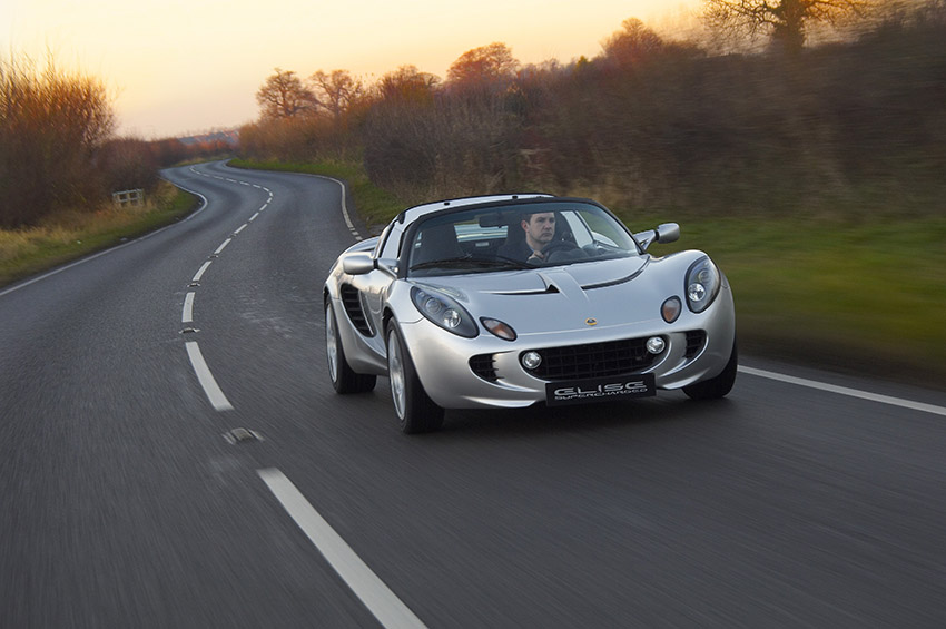 Front driving view of a silver Lotus Elise SC