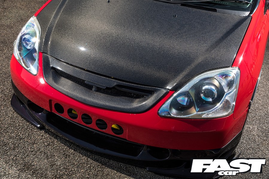 A detailed shot of the front of a red EP3.