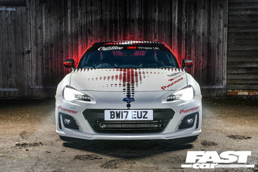 The front end of a Pioneer Subaru BRZ modified audio car