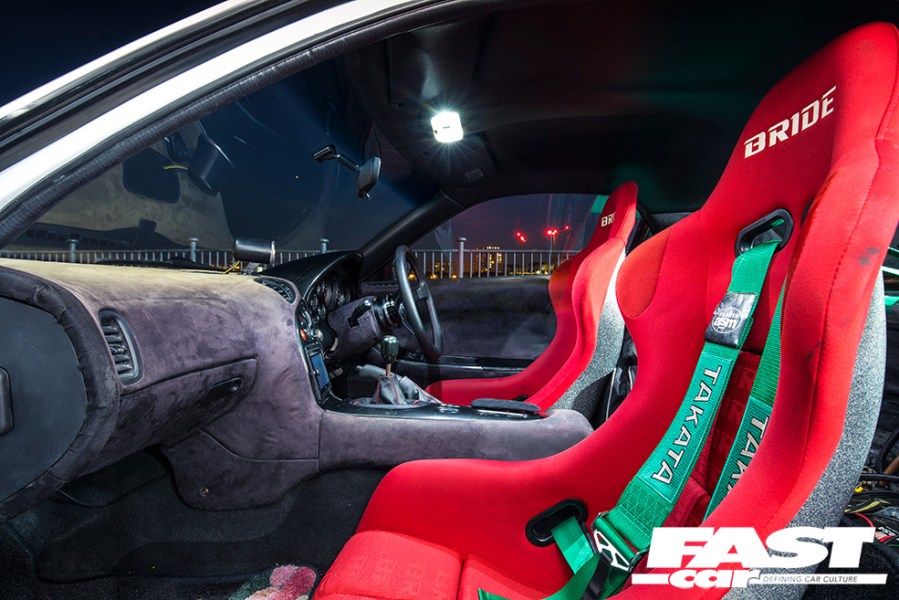 The cars features red BRIDE seats with Takata harnesses, as well as suede upholstery on the dash.