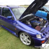 Blue car with silver alloys and an open bonnet at the Forge Action Day 2019
