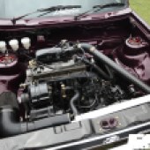 Close up of the engine of a burgundy VW G60 at the Forge Action Day 2019