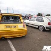 Rear shot of a yellow and a white VW at the Forge Action Day 2019