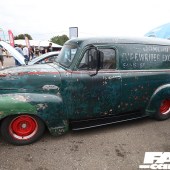 Left side of a worn green Chevrolet 3100 at the Forge Action Day 2019