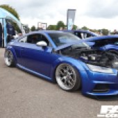 Side shot of a blue Audi TT with the bonnet open at the Forge Action Day 2019