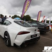 Left rear shot of a white Toyota Supra at the Forge Action Day 2019