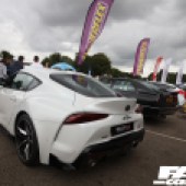Left rear shot of a white Toyota Supra at the Forge Action Day 2019