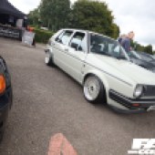 Right front shot of a white VW with silver alloys at the Forge Action Day 2019