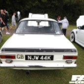 Rear view of a white Ford Escort at the Forge Action Day 2019