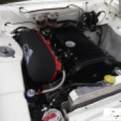 Close up engine shot of a white Ford Escort at the Forge Action Day 2019