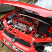 The engine of a red Vauxhall Opel at the Forge Action Day 2019