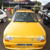 Close up central front shot of a yellow Renault 5 Turbo at the Forge Action Day 2019