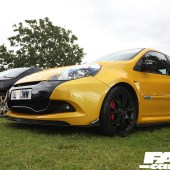 A low left side shot of a yellow Renault Clio Sport at the Forge Action Day 2019