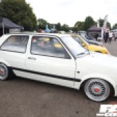 A right side view of a white VW Golf Mk2 with unique alloys at the Forge Action Day 2019