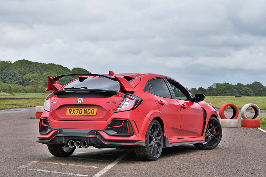 rear 3/4 shot of red FK8 Civic Type R