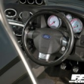 Close up of the steering wheel of an AWD Focus ST