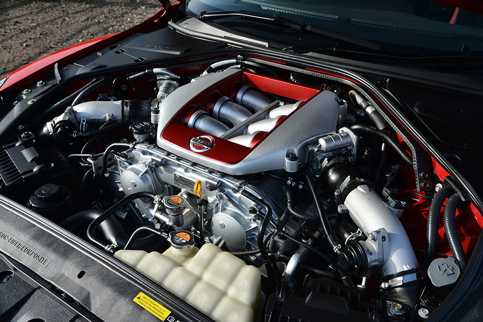 A view of the engine in a Nissan GT R R35