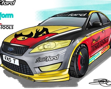 Sketch of a grey, red and yellow fastFord