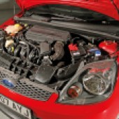 A view of the engine in a Ford Fiesta ST Mk6