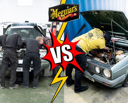 Cover for the Meguiar's build-off, dual image of men building cars with vs sign