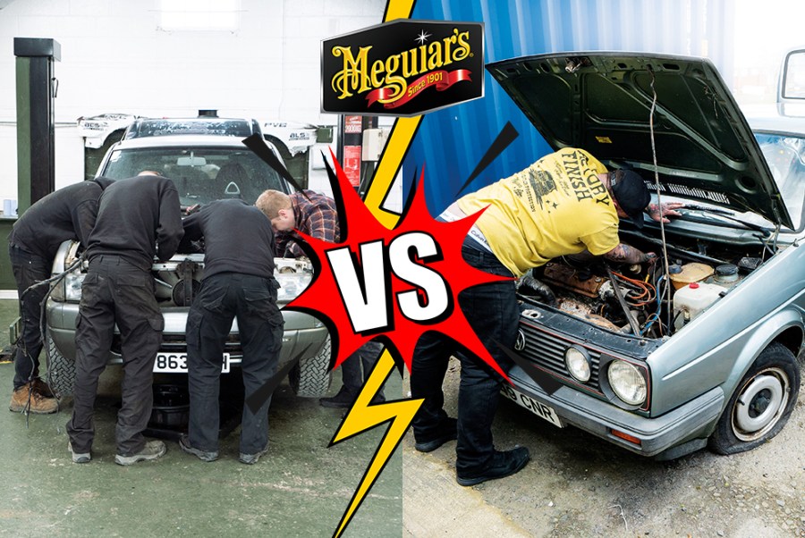 Cover for the Meguiar's build-off, dual image of men building cars with vs sign