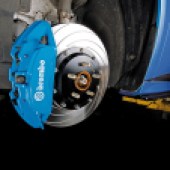 A bright blue break repair part on a Ford Focus RS Mk3