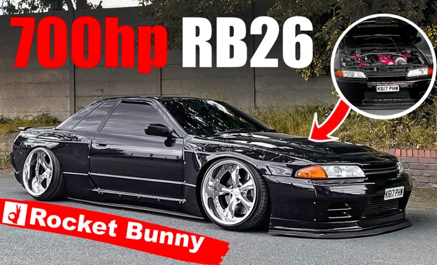 Pandem R32 Skyline GT-R with view inside the bonnet and Rocket Bunny logo