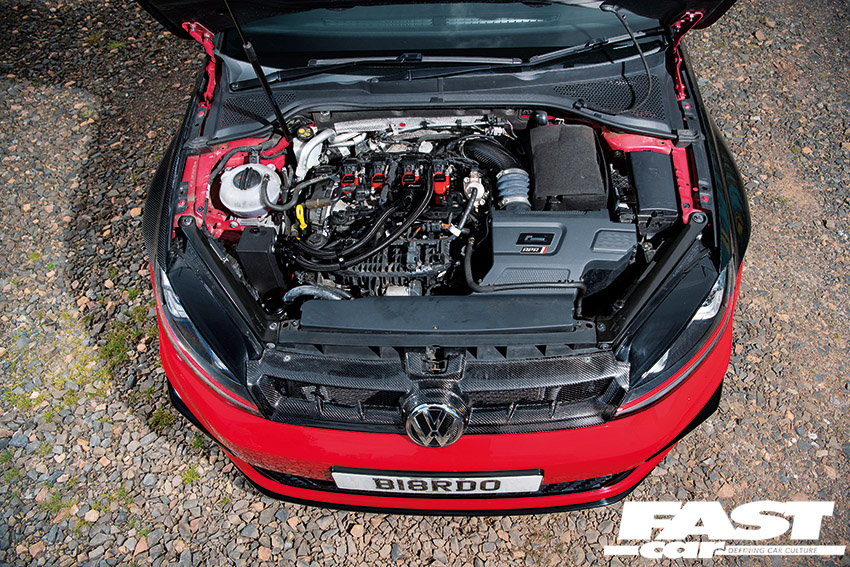 An aerial shot of the open bonnet of the tuned VW Golf GTI Mk7