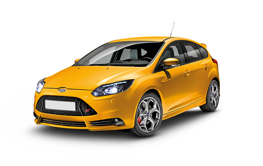 Front left view of a yellow Ford Focus ST