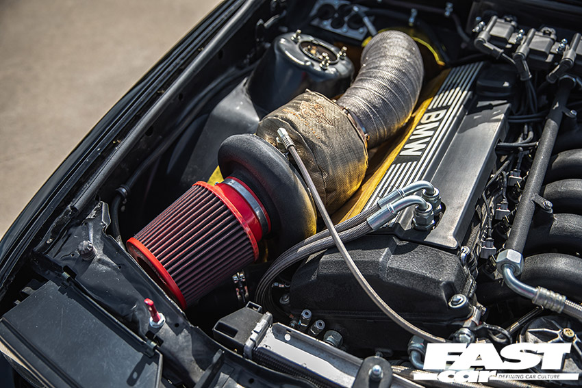 Close up photo of the turbo on modified bmw e30