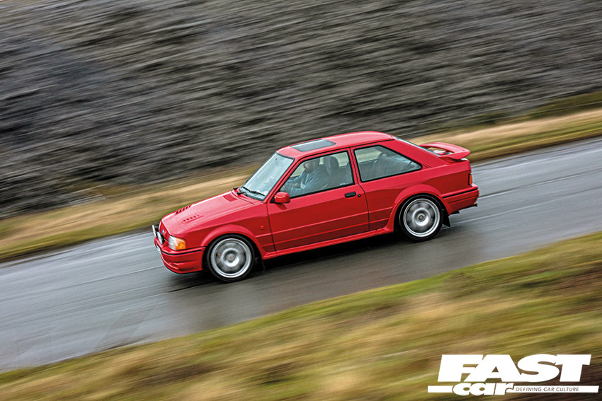 Driving shot of modified Ford Escort RS Turbo