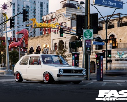 front right shot of a white stationary modified VW Rabbit Mk1 in Las Vegas