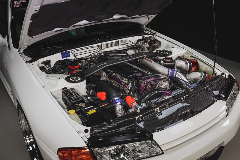 Under the bonnet of a Nissan Skyline GT-R R32.