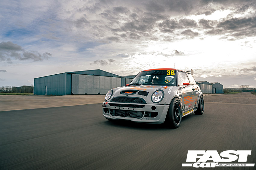 Driveby of modified mini R50 race car with decat exhaust 