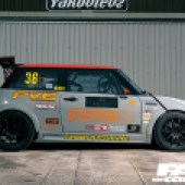 Side-profile shot of modified mini r50 race car with 407whp