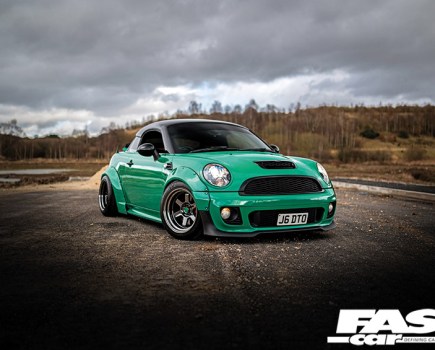 Front 3/4 of green Liberty Walk modified Mini R58