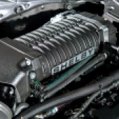 Supercharger on V8 engine in modified shelby mustang