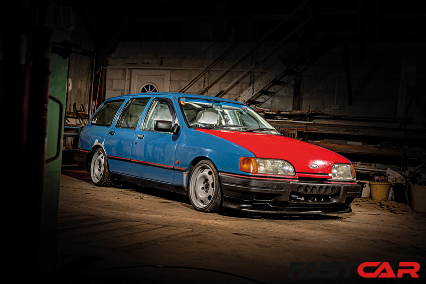 Front 3/4 of modified Ford Sierra wagon