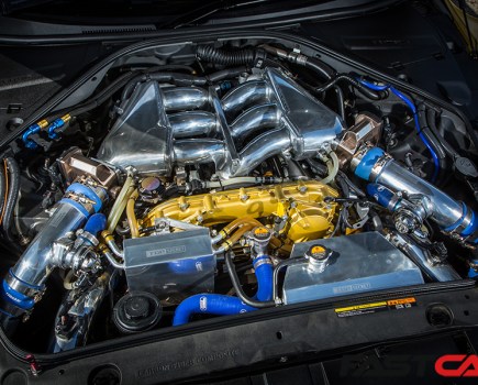 Tuned VR38DETT engine in GT-R with engine bay modifications