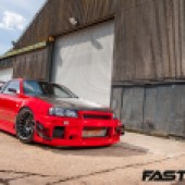 Front 3/4 shot of Tuned Nissan Skyline GT-R R34