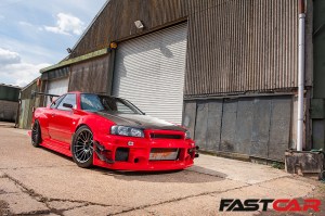 Front 3/4 shot of Tuned Nissan Skyline GT-R R34