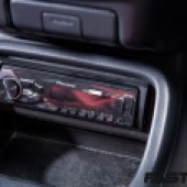 A detailed shot of the car's stereo.