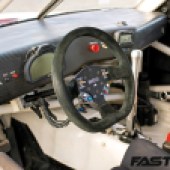 race car interior and steering wheel