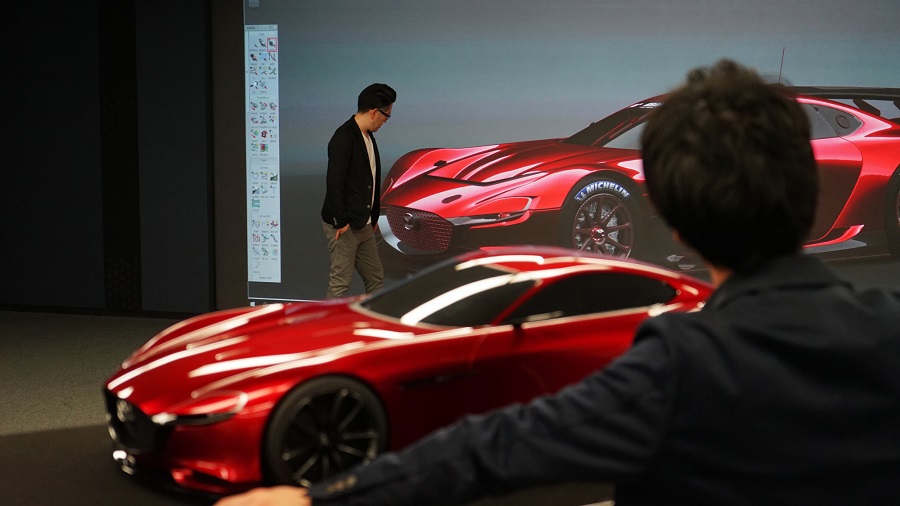 The Mazda RX Vision concept in a conference studio.