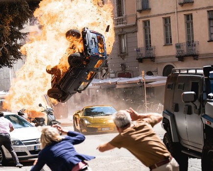 An SUV explodes in a scene from Fast X
