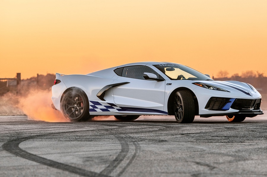 The Hennessey H700 Corvette demo car on track at sunset.