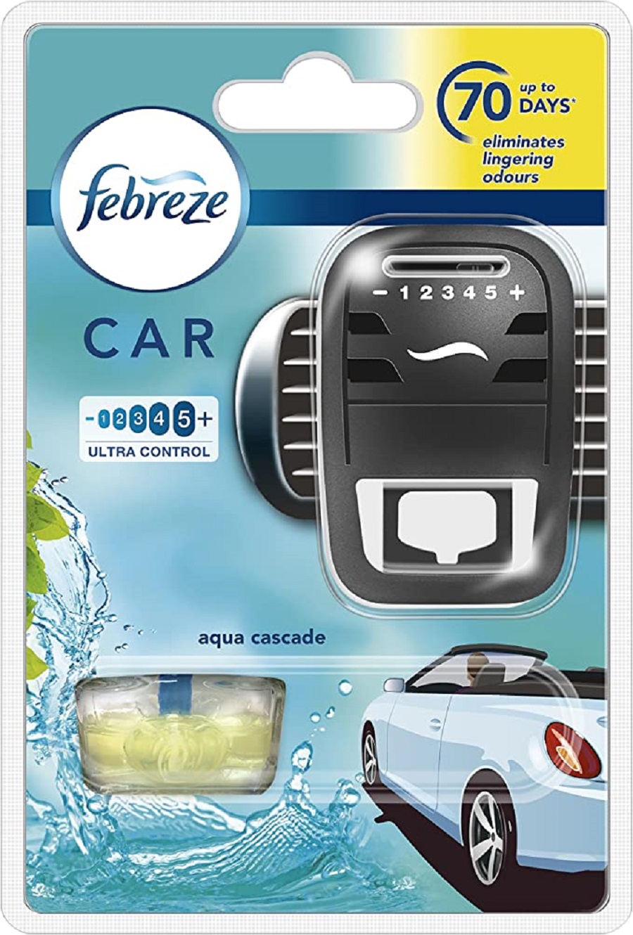 A Febreze Car air freshener in its packaging.